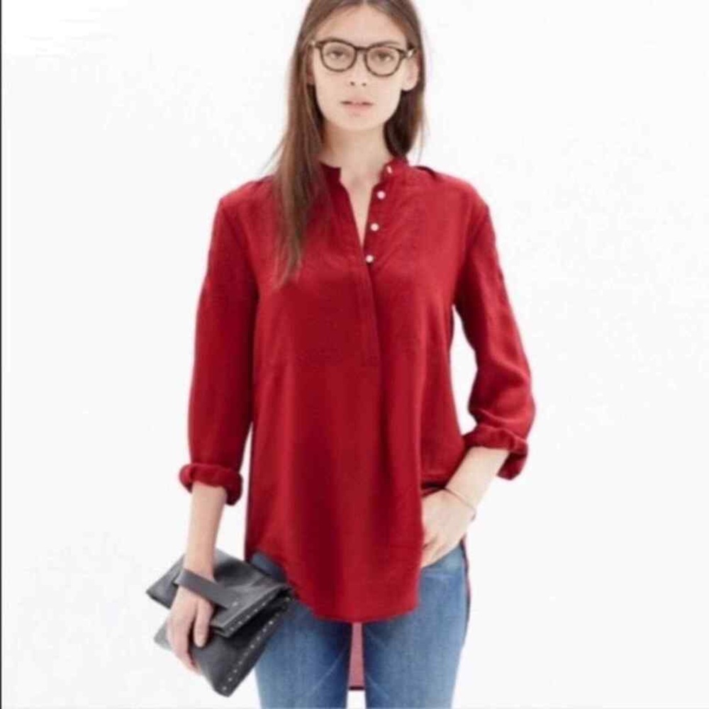 Madewell silk ballad embroidered tunic top, red, s